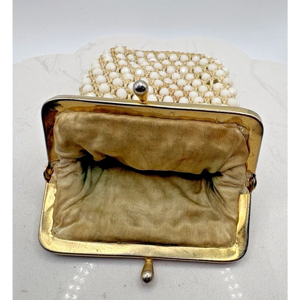 Cream Colored Caviar Beaded Cigarette Case Gold Tone Kiss Lock Frame Vintage